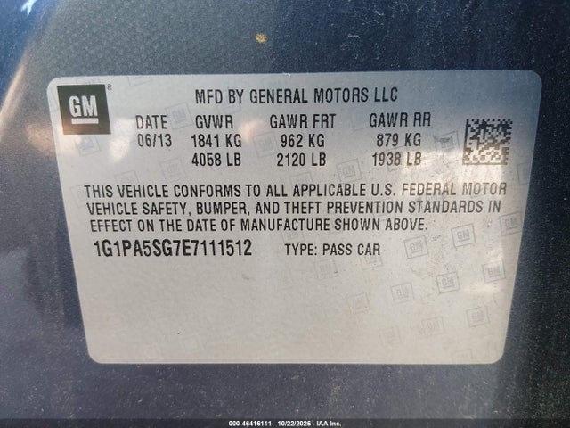 46416111 :رقم المزاد ، 1G1PA5SG7E7111512 vin ، 2014 Chevrolet Cruze Ls Auto مزاد بيع