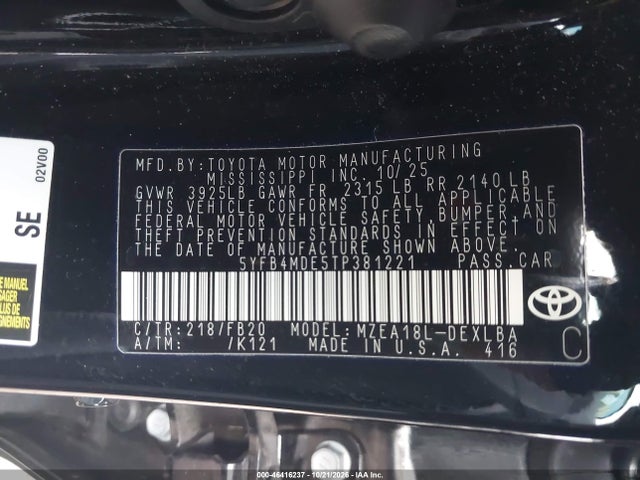 Aukcja sprzedaży 2026 Toyota Corolla Le, vin: 5YFB4MDE5TP381221, numer aukcji: 46416237