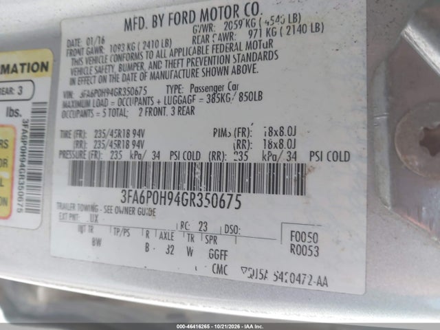 Продажа на аукционе авто 2016 Ford Fusion Se, vin: 3FA6P0H94GR350675, номер лота: 46416265