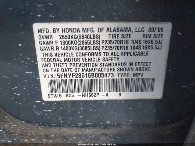 2006 Honda Pilot Ex-l მანქანა იყიდება აუქციონზე, vin: 5FNYF28516B005473, აუქციონის ნომერი: 46416294