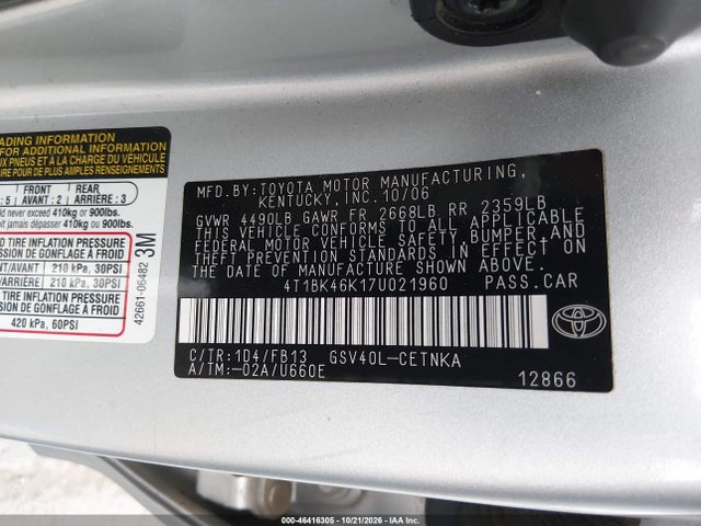 Продажа на аукционе авто 2007 Toyota Camry Le V6, vin: 4T1BK46K17U021960, номер лота: 46416305