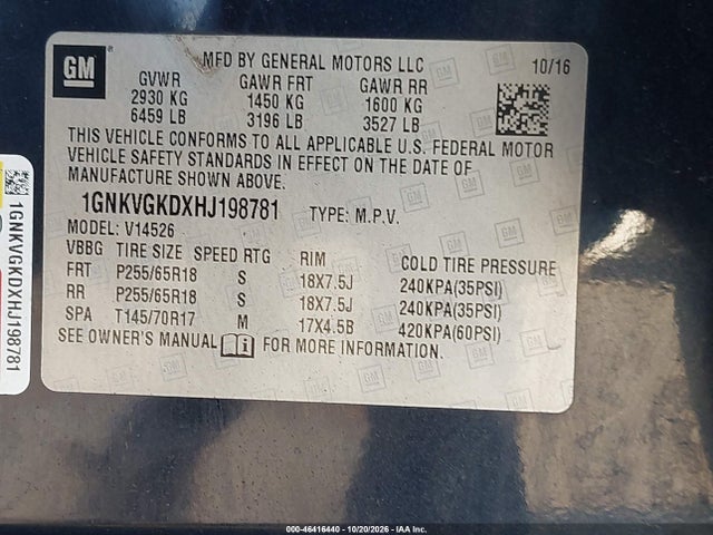 Aukcja sprzedaży 2017 Chevrolet Traverse 1lt, vin: 1GNKVGKDXHJ198781, numer aukcji: 46416440