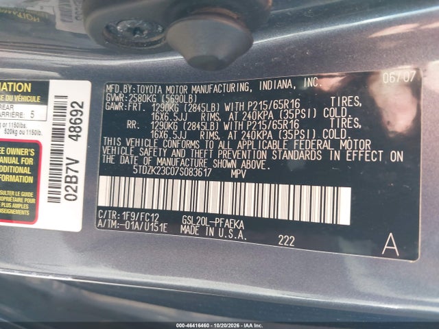 Auction sale of the 2007 Toyota Sienna Le, vin: 5TDZK23C07S083617, lot number: 46416460