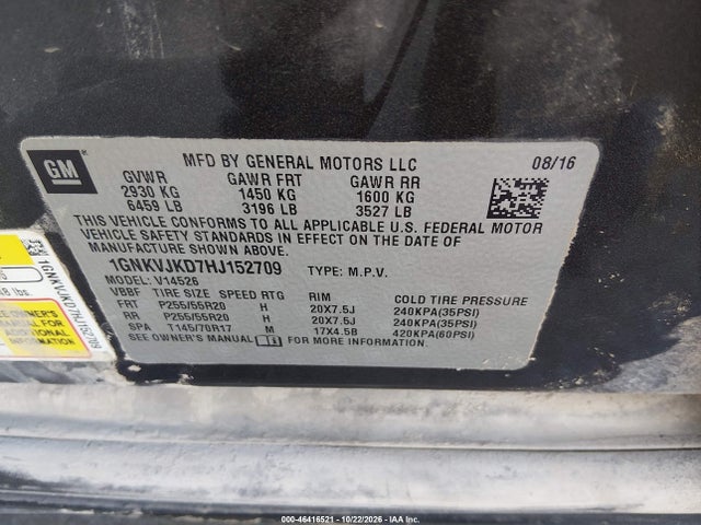 Продажа на аукционе авто 2017 Chevrolet Traverse Premier, vin: 1GNKVJKD7HJ152709, номер лота: 46416521