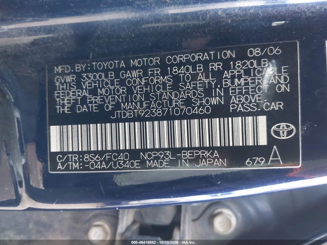 46416582 :رقم المزاد ، JTDBT923871070460 vin ، 2007 Toyota Yaris مزاد بيع