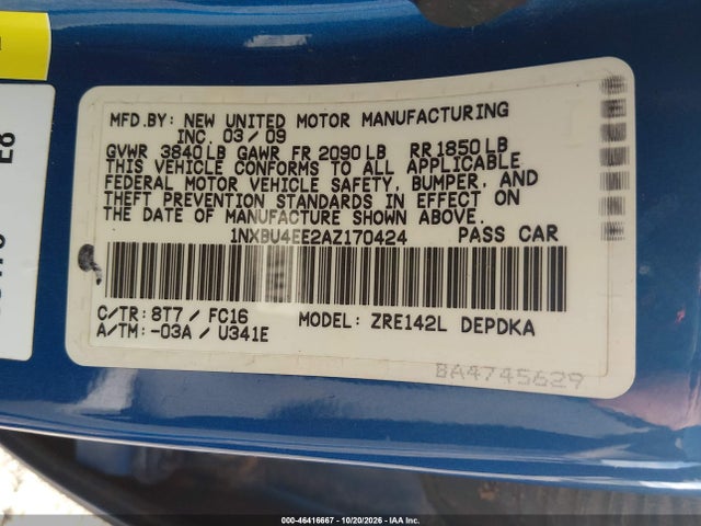 46416667 :رقم المزاد ، 1NXBU4EE2AZ170424 vin ، 2010 Toyota Corolla Le مزاد بيع