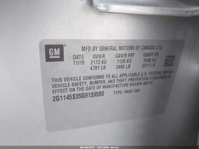46416707 :رقم المزاد ، 2G1145S35G9139580 vin ، 2016 Chevrolet Impala 2lz مزاد بيع