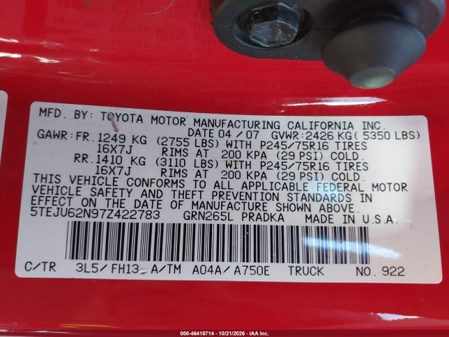 46416714 :رقم المزاد ، 5TEJU62N97Z422783 vin ، 2007 Toyota Tacoma Prerunner V6 مزاد بيع