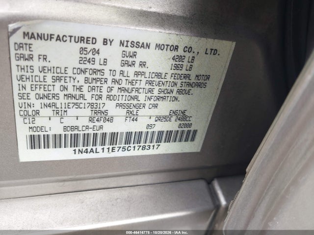 Aukcja sprzedaży 2005 Nissan Altima 2.5 S, vin: 1N4AL11E75C178317, numer aukcji: 46416778