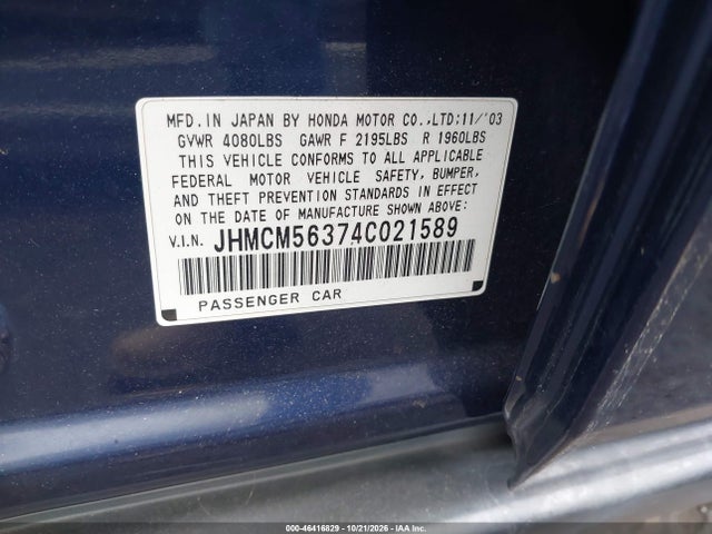 46416829 :رقم المزاد ، JHMCM56374CD21589 vin ، 2004 Honda Accord Lx مزاد بيع
