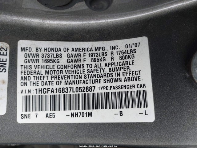 46416855 :رقم المزاد ، 1HGFA16837L052887 vin ، 2007 Honda Civic Ex مزاد بيع