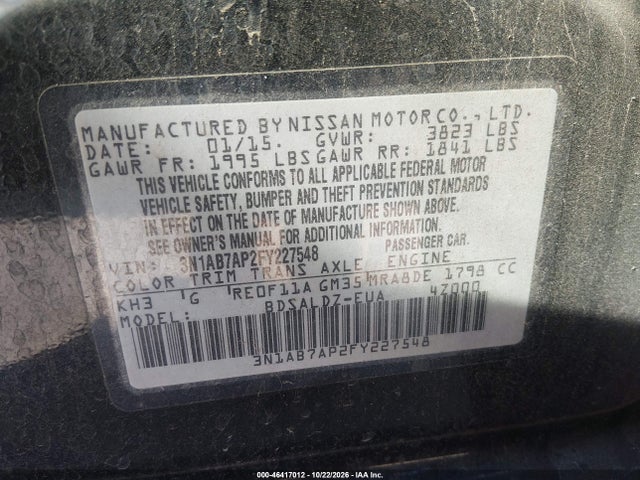 46417012 :رقم المزاد ، 3N1AB7AP2FY227548 vin ، 2015 Nissan Sentra Sv مزاد بيع