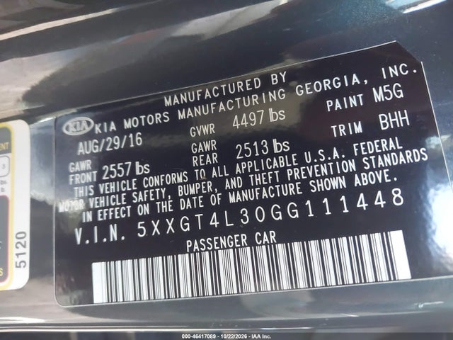 46417089 :رقم المزاد ، 5XXGT4L30GG111448 vin ، 2016 Kia Optima Lx مزاد بيع