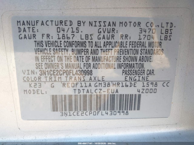 Продаж на аукціоні авто 2015 Nissan Versa Note S Plus, vin: 3N1CE2CP0FL430998, номер лоту: 46417141