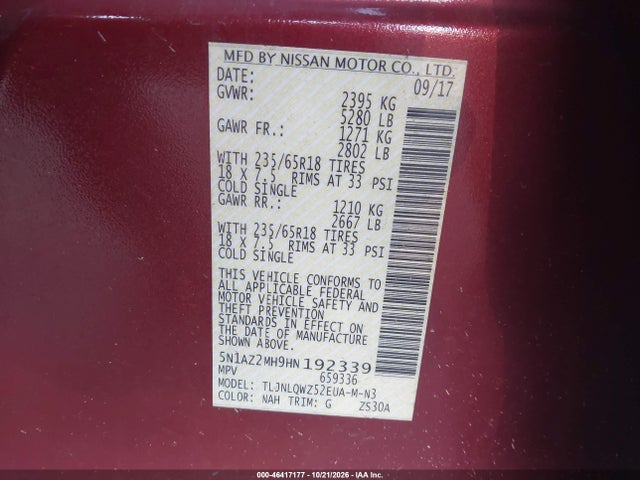 46417177 :رقم المزاد ، 5N1AZ2MH9HN192339 vin ، 2017 Nissan Murano Sv مزاد بيع
