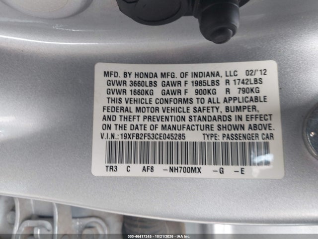 46417345 :رقم المزاد ، 19XFB2F53CE045285 vin ، 2012 Honda Civic Lx مزاد بيع