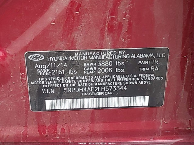 Aukcja sprzedaży 2015 Hyundai Elantra Se, vin: 5NPDH4AE2FH573344, numer aukcji: 46417353
