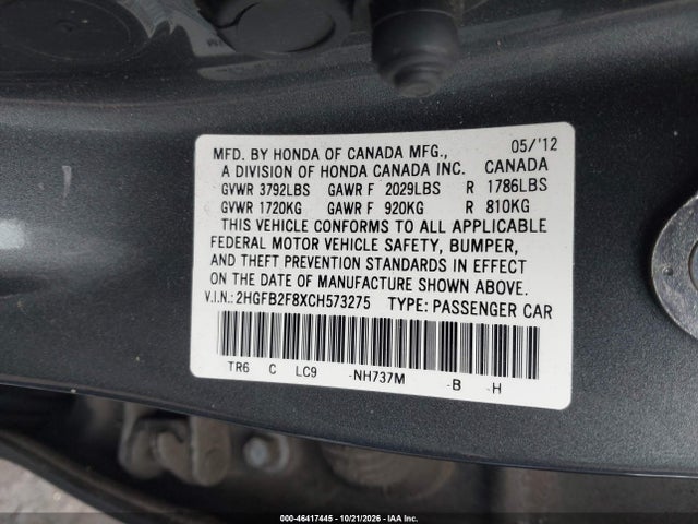 46417445 :رقم المزاد ، 2HGFB2F8XCH573275 vin ، 2012 Honda Civic Ex مزاد بيع