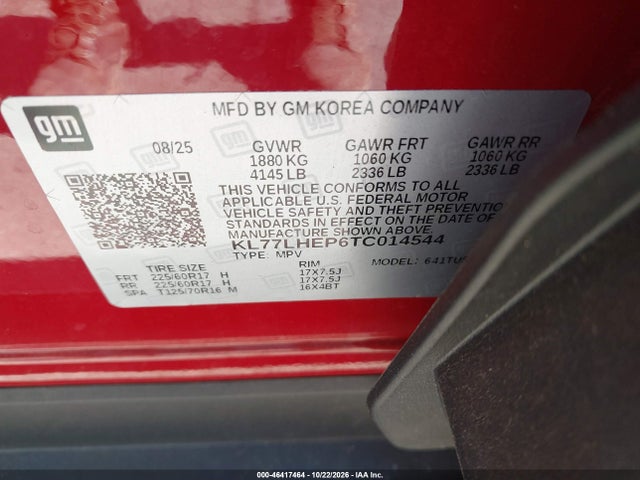 Продажа на аукционе авто 2026 Chevrolet Trax Fwd Lt, vin: KL77LHEP6TC014544, номер лота: 46417464