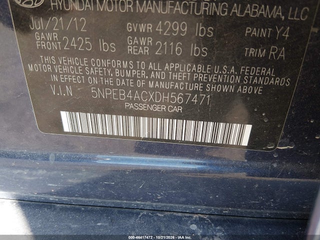 2013 Hyundai Sonata Gls მანქანა იყიდება აუქციონზე, vin: 5NPEB4ACXDH567471, აუქციონის ნომერი: 46417472