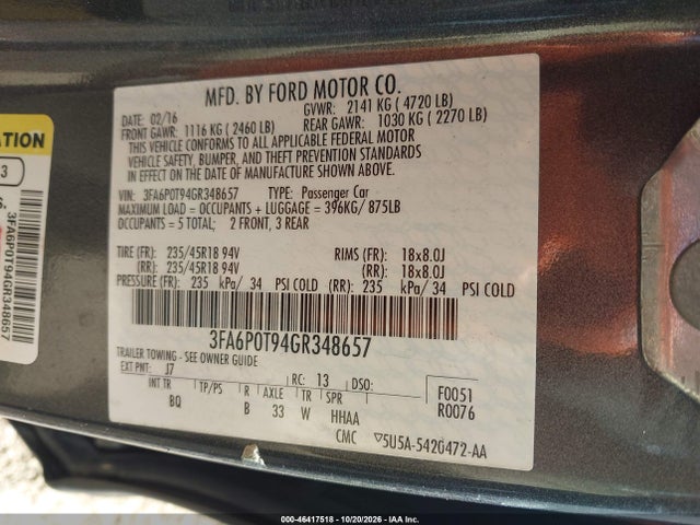 2016 Ford Fusion Se მანქანა იყიდება აუქციონზე, vin: 3FA6P0T94GR348657, აუქციონის ნომერი: 46417518