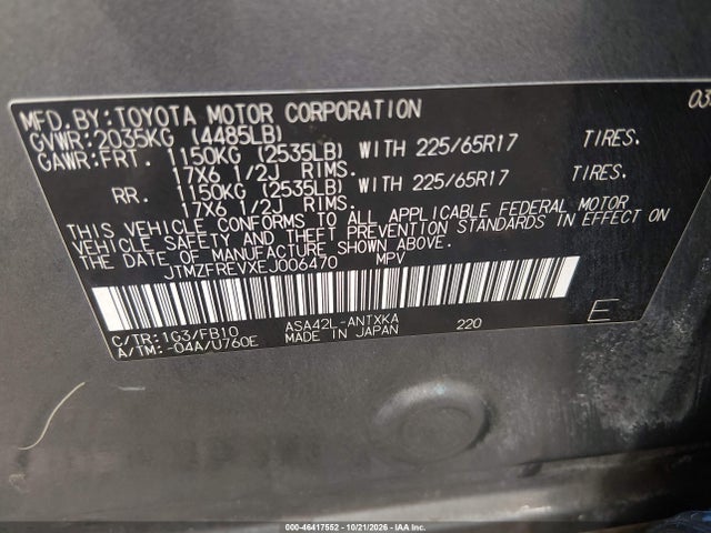 46417552 :رقم المزاد ، JTMZFREVXEJ006470 vin ، 2014 Toyota Rav4 Le مزاد بيع