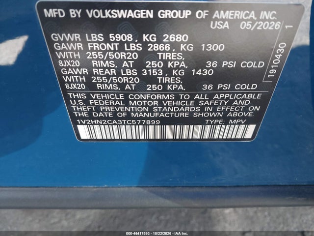 2026 Volkswagen Atlas Se With Technology მანქანა იყიდება აუქციონზე, vin: 1V2HN2CA3TC577899, აუქციონის ნომერი: 46417593