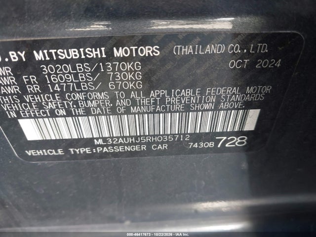 Продаж на аукціоні авто 2024 Mitsubishi Mirage Es/le, vin: ML32AUHJ5RH035712, номер лоту: 46417673