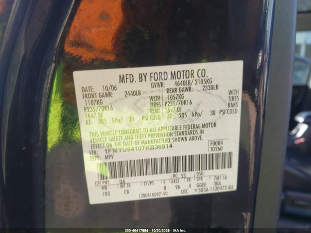 Продажа на аукционе авто 2007 Ford Escape Limited, vin: 1FMYU94107KB36914, номер лота: 46417684