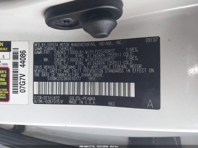 Aukcja sprzedaży 2008 Toyota Sienna Limited, vin: 5TDBK22C38S010777, numer aukcji: 46417716