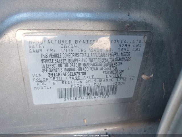 Продажа на аукционе авто 2014 Nissan Sentra S, vin: 3N1AB7AP3EL679780, номер лота: 46417796