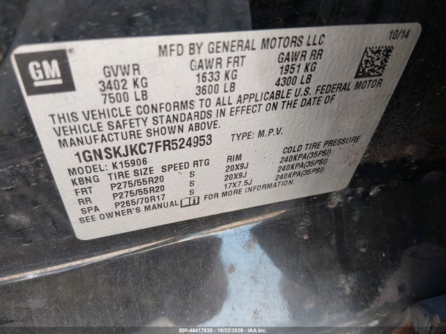 46417830 :رقم المزاد ، 1GNSKJKC7FR524953 vin ، 2015 Chevrolet Suburban 1500 Lt مزاد بيع