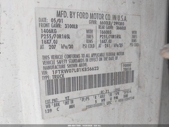 Продаж на аукціоні авто 2001 Ford F-150 Harley-davidson Edition/king Ranch Edition/lariat/xlt, vin: 1FTRW07L81KB56623, номер лоту: 46417859