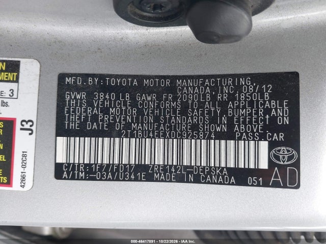 Aukcja sprzedaży 2013 Toyota Corolla S, vin: 2T1BU4EEXDC925874, numer aukcji: 46417891