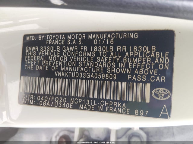 46417985 :رقم المزاد ، VNKKTUD33GA059809 vin ، 2016 Toyota Yaris L مزاد بيع