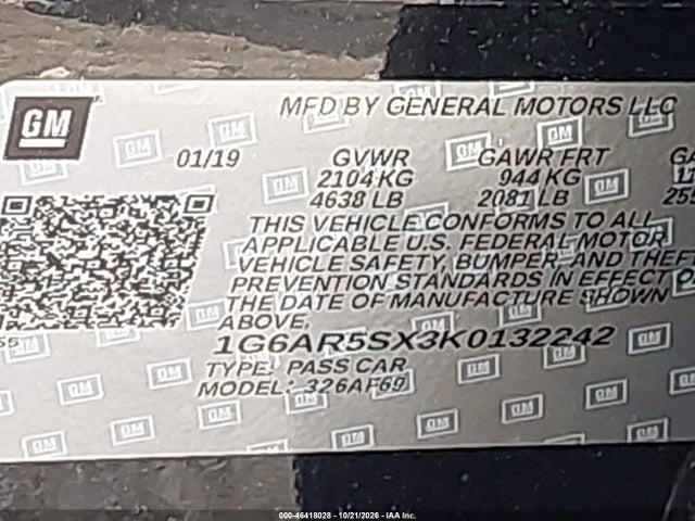 2019 Cadillac Cts Luxury მანქანა იყიდება აუქციონზე, vin: 1G6AR5SX3K0132242, აუქციონის ნომერი: 46418028