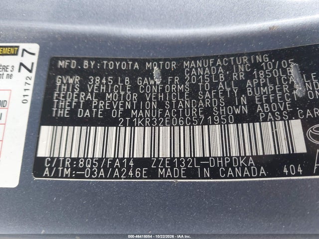 Aukcja sprzedaży 2006 Toyota Matrix, vin: 2T1KR32E06C571950, numer aukcji: 46418054