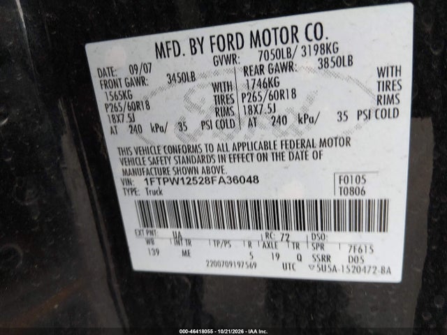46418055 :رقم المزاد ، 1FTPW12528FA36048 vin ، 2008 Ford F-150 60th Anniversary/fx2/king Ranch/lariat/limited/xlt مزاد بيع