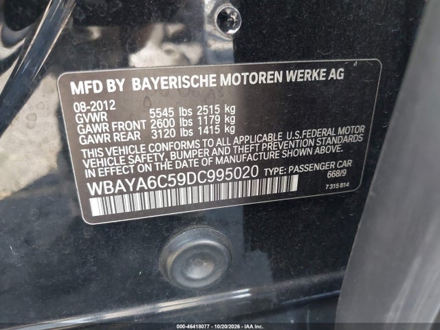 2013 Bmw 740i მანქანა იყიდება აუქციონზე, vin: WBAYA6C59DC995020, აუქციონის ნომერი: 46418077