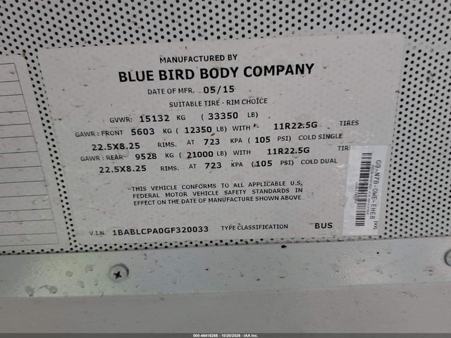 46418268 :رقم المزاد ، 1BABLCPA0GF320033 vin ، 2016 Blue Bird School Bus / Transit Bus مزاد بيع