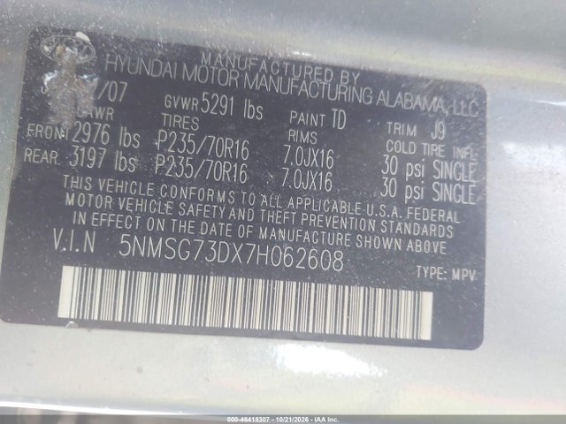46418307 :رقم المزاد ، 5NMSG73DX7H062608 vin ، 2007 Hyundai Santa Fe Gls مزاد بيع