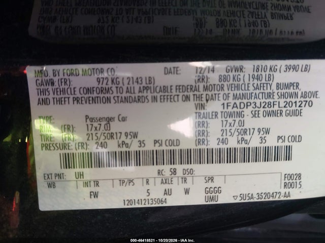Продажа на аукционе авто 2015 Ford Focus Titanium, vin: 1FADP3J28FL201270, номер лота: 46418521
