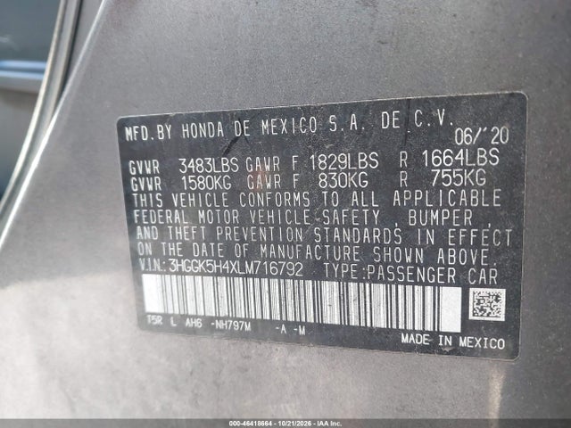 Aukcja sprzedaży 2020 Honda Fit Lx, vin: 3HGGK5H4XLM716792, numer aukcji: 46418664