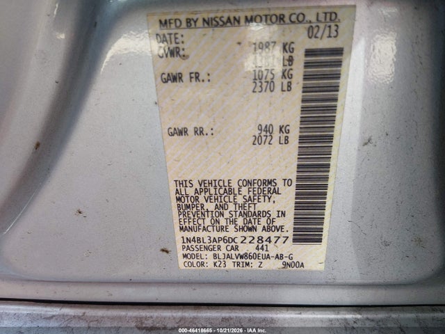 Продаж на аукціоні авто 2013 Nissan Altima 3.5 Sl, vin: 1N4BL3AP6DC228477, номер лоту: 46418665