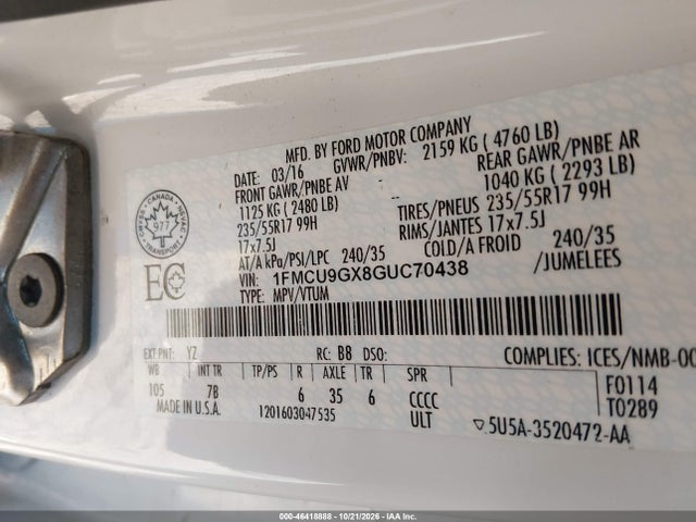 Aukcja sprzedaży 2016 Ford Escape Se, vin: 1FMCU9GX8GUC70438, numer aukcji: 46418888