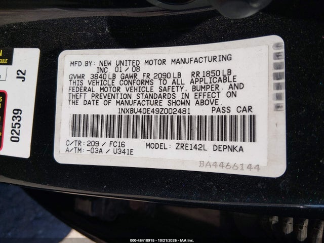 46418915 :رقم المزاد ، 1NXBU40E49Z002481 vin ، 2009 Toyota Corolla Xle مزاد بيع