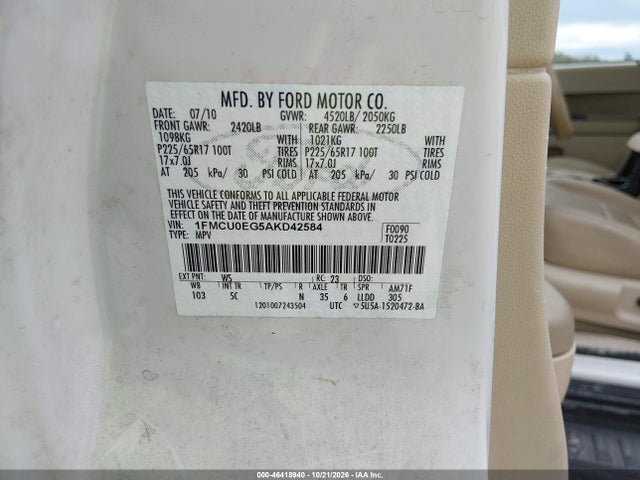 Aukcja sprzedaży 2010 Ford Escape Limited, vin: 1FMCU0EG5AKD42584, numer aukcji: 46418940