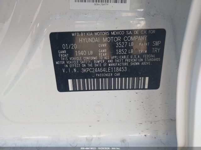 46419023 :رقم المزاد ، 3KPC24A64LE118453 vin ، 2020 Hyundai Accent Se مزاد بيع