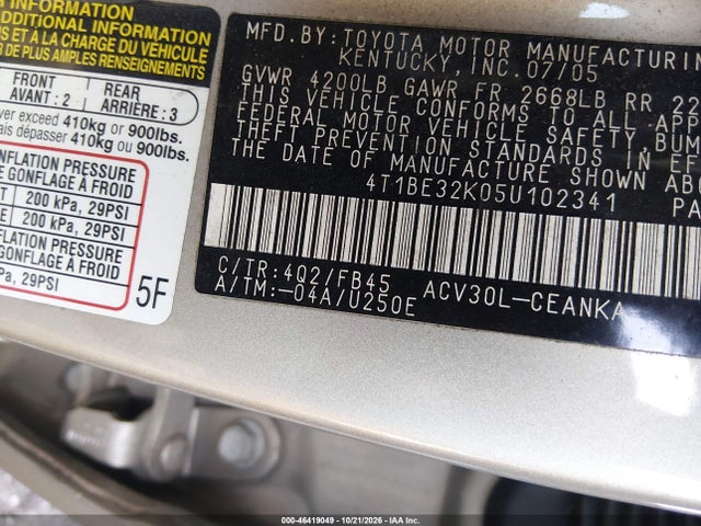 Aukcja sprzedaży 2005 Toyota Camry Le, vin: 4T1BE32K05U102341, numer aukcji: 46419049