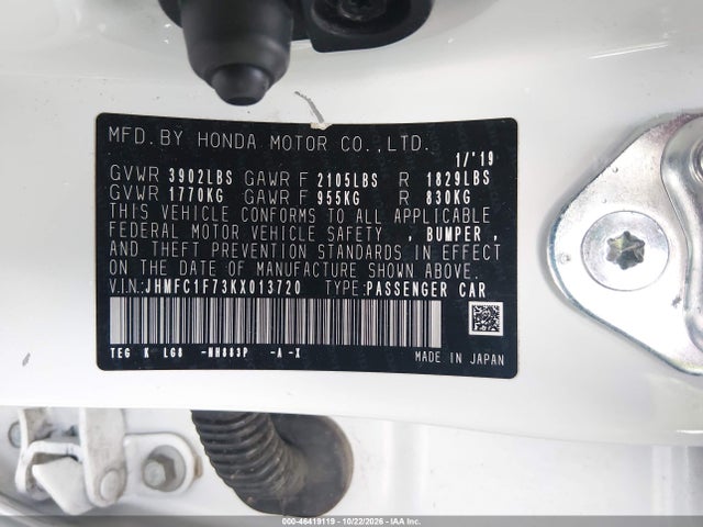 Aukcja sprzedaży 2019 Honda Civic Ex-l, vin: JHMFC1F73KX013720, numer aukcji: 46419119